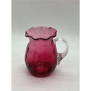Handblown Pilgrim Cranberry Glass Mini Pitcher with Clear Handle